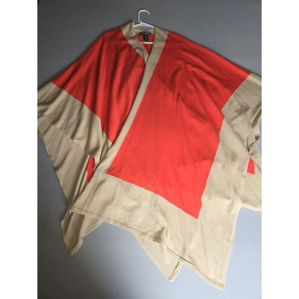 Ralph Lauren Tan and Orange Colorblock Knit Wool Blend Shawl - One Size